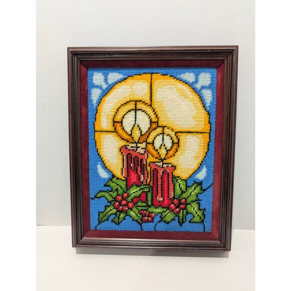 Vtg 1985 Framed Christmas Sunset Needlepoint Stained Glass Candles Completed - Picture 1 of 15